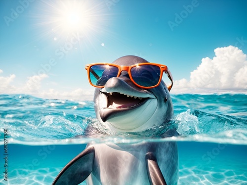 a dolphin smiling and wearing sunglasses