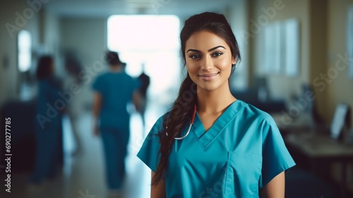 Young nurse wearing light blue medical scrubs, smiling