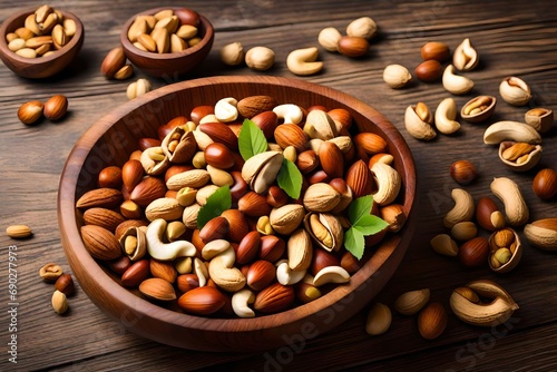 Wooden bowl with mixed nuts on table. Healthy food and snack. Walnut, pistachios, almonds, hazelnuts and cashews.
