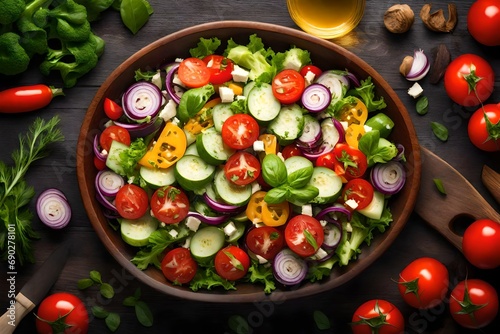 Salad with fresh summer vegetables, top view