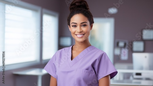 Young nurse wearing purple medical scrubs, smiling
