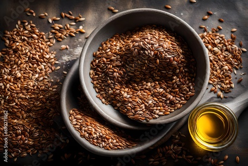 Flax seeds in a bowl, with oil in the background © usman