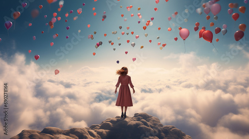 Rêve céleste : Femme au sommet d'un ravin, entourée de ballons s'élevant au-dessus des nuages photo