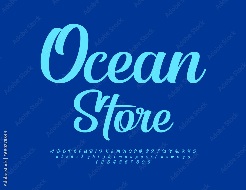 Vector advertising poster Ocean Store. Blue Calligraphic Font. Trendy Alphabet Letters and Numbers.