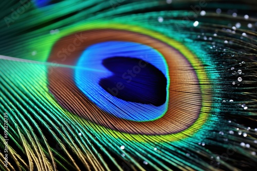 Close-up of a vibrant peacock feather with water droplets accentuating its iridescent textures and colors © fotogurmespb