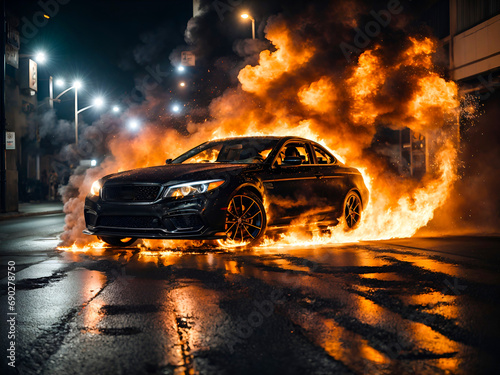 a black car engulfed in flames while powerfully drifting on a street