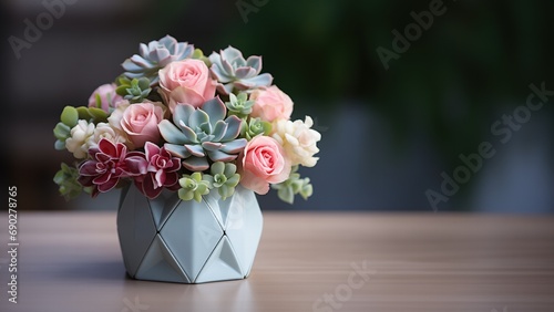 A pastel-colored bouquet of roses and succulents in a geometric white vase on a wooden table with a blurred background photo