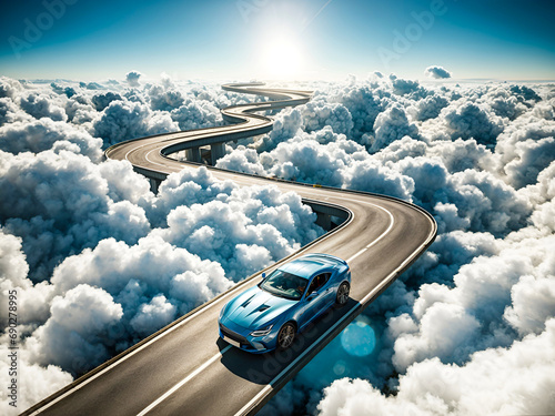 A car driving on a winding road between the clouds, indicating the concept of the difficulty of reaching the goal