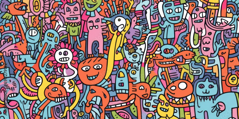 Obraz premium Whimsical Fusion: Abstract and colorful shapes converge in playful doodles, forming a vibrant and expressive illustration of an imaginative and lively face