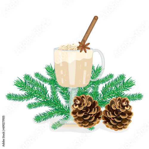 Eggnog, fir cone and twig on white background. Winter drink and christmas decoration.Pine branch and glass of eggnog with cinnamon stick.Cocktail with milk, cinnamon and clove star.Vector illustration