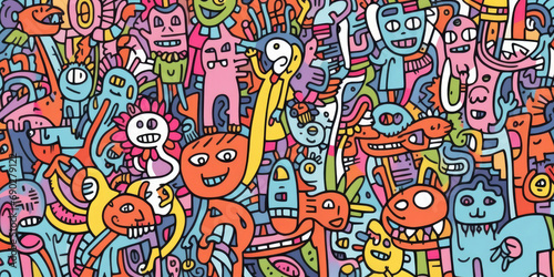 Whimsical Fusion: Abstract and colorful shapes converge in playful doodles, forming a vibrant and expressive illustration of an imaginative and lively face