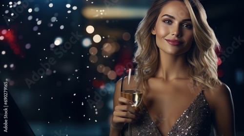 A beautiful white blonde woman in an evening shiny dress is smiling and holding a glass of champagne. night party luxury backgrouns generative ai
