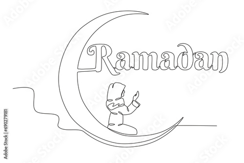 A woman prays in Ramadan. Ramadan one-line drawing