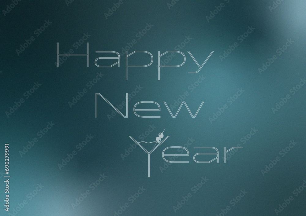 Happy New Year heading with martini glass on gradient background in silver Happy New Year heading with martini glass on gradient background in silver