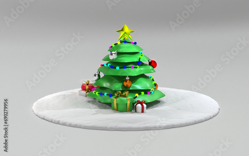 3d render cartoon icon christmas tree with gifts on a grey background