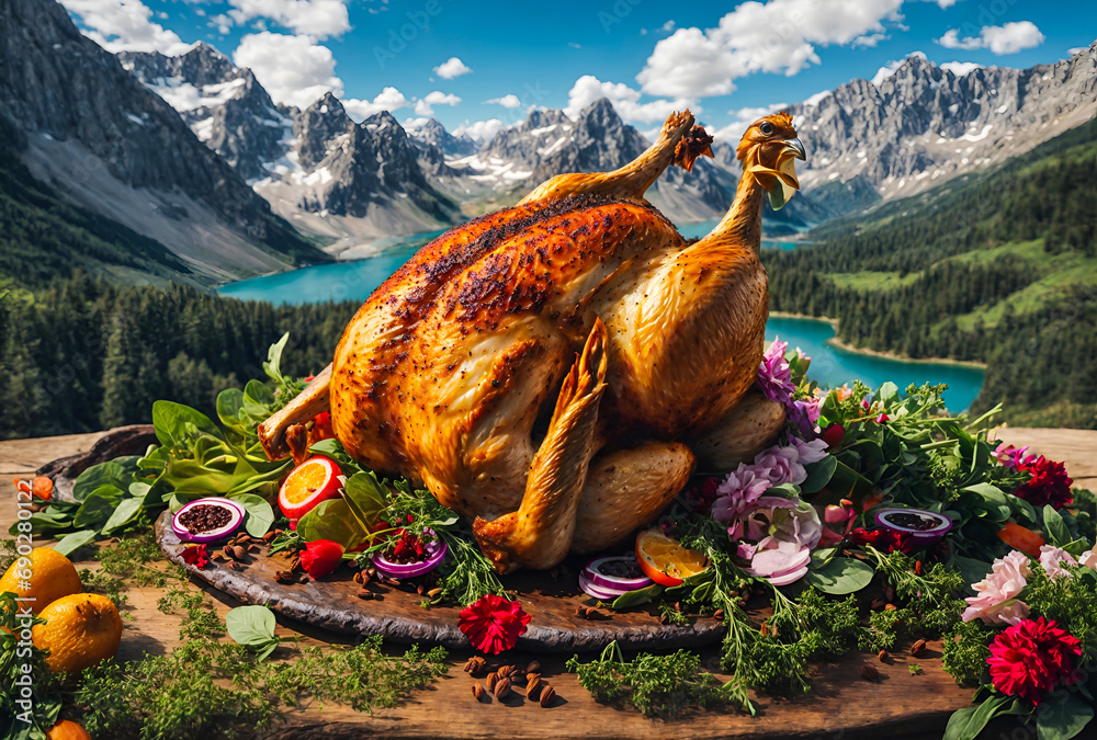 a giant roasted chicken with spices, nestled in the embrace of stunning nature - obrazy, fototapety, plakaty 