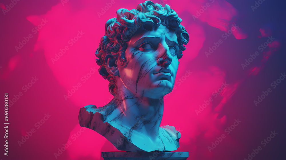 marble stone statue head portrait with an abstract light pink and purple background