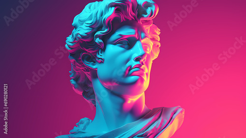 marble stone statue head portrait with an abstract light pink and purple background photo