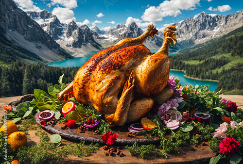 a giant roasted chicken with spices, nestled in the embrace of stunning nature