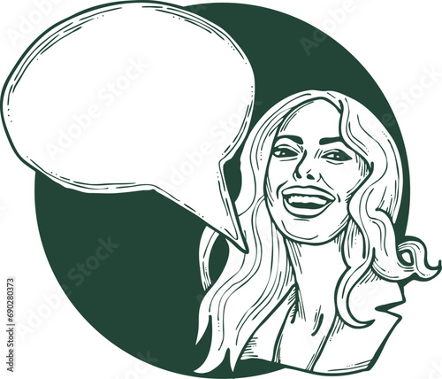 Beautiful young woman talk. Empty speech bubble for sale promotion  text background  quotes. Hand drawn illustration  cartoon comic style vector.