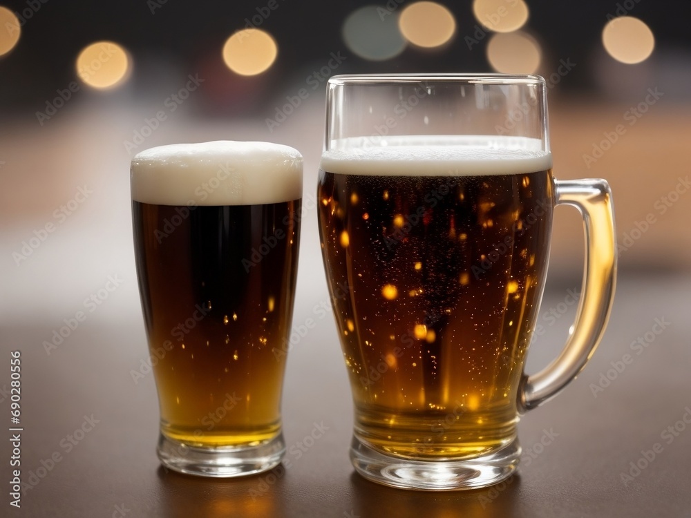 A dark background hosts a glass and mug of beer A dark background hosts a glass and mug of beer