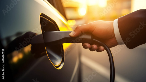 copy space, stockphoto, close up of a hand putting electic charging socket in an electrical car. Environment friendly energy. Zero emission. Ecological energy and transport. Charging an electrical car