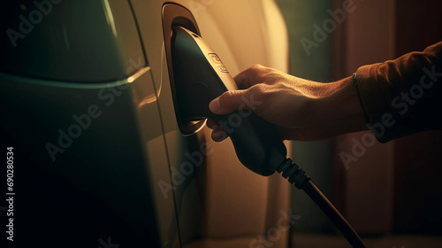 copy space, stockphoto, close up of a hand putting electic charging socket in an electrical car. Environment friendly energy. Zero emission. Ecological energy and transport. Charging an electrical car