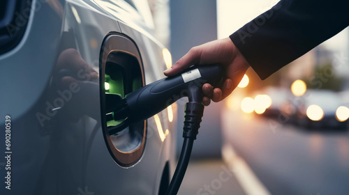 copy space, stockphoto, close up of a hand putting electic charging socket in an electrical car. Environment friendly energy. Zero emission. Ecological energy and transport. Charging an electrical car photo