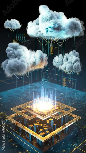 Cloud computing and network security concept, 3d rendering. Smart city wireless internet communication with cloud storage, and cloud services. Download, upload data on the server.  Mobile version (ID: 690280741)