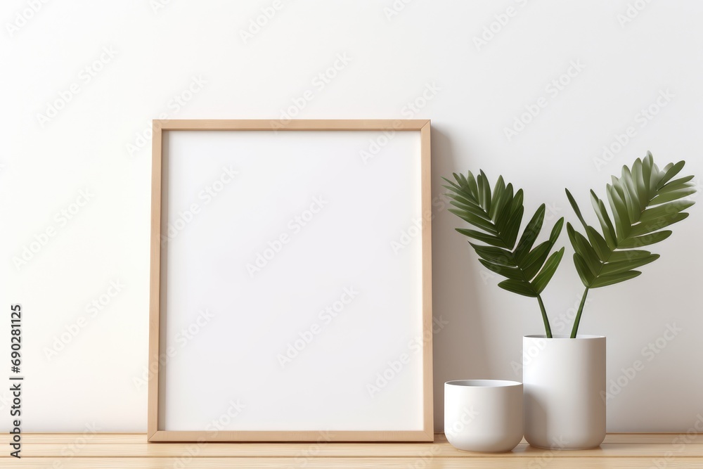 Empty wooden picture frame mockup on table leaning on the white wall with a green plant. Empty wooden picture frame mockup on table leaning on the white wall with a green plant.