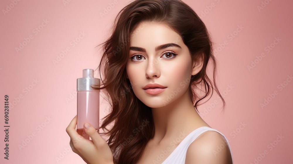 Portrait of a beautiful girl holding empty white cosmetic cream on pink background presenting luxury skincare products. Portrait of a beautiful girl holding empty white cosmetic cream on pink background presenting luxury skincare products.