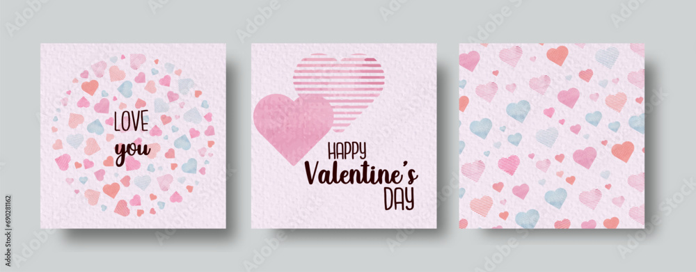 Set of vector watercolor cards for Valentine's day with hearts and flowers