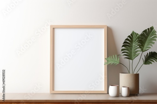 Empty wooden picture frame mockup on table leaning on the white wall with a green plant.