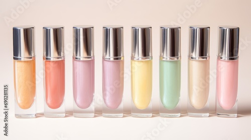 Different shades of lip gloss, Product photography Cosmetics Makeup.