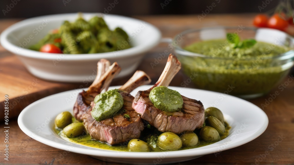 Ribs, lamb chops, steak, blurred background cooked with pesto sauce and herbs on a round white plate. It's a special meal. Cooked with side dishes. Deliciousness and perfect taste