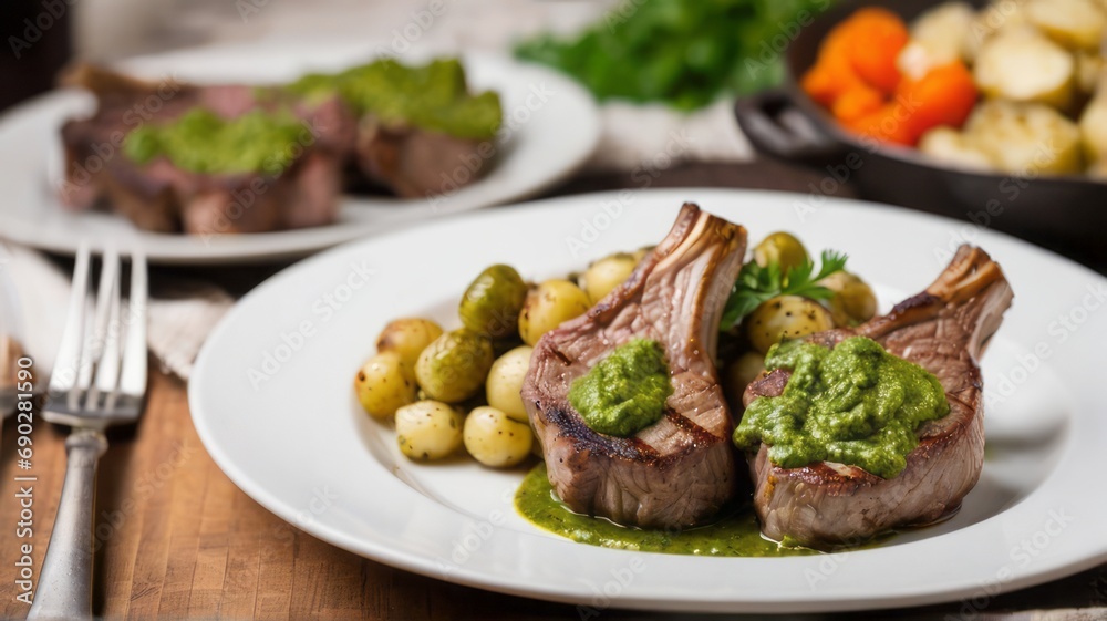 Ribs, lamb chops, steak, blurred background cooked with pesto sauce and herbs on a round white plate. It's a special meal. Cooked with side dishes. Deliciousness and perfect taste Ribs, lamb chops, steak, blurred background cooked with pesto sauce and herbs on a round white plate. It's a special meal. Cooked with side dishes. Deliciousness and perfect taste
