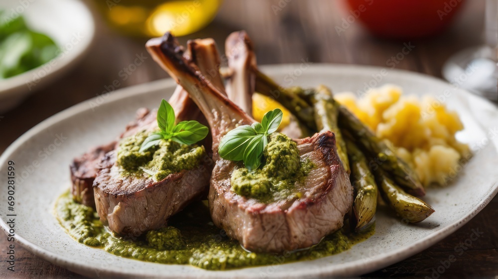 Ribs, lamb chops, steak, blurred background cooked with pesto sauce and herbs on a round white plate. It's a special meal. Cooked with side dishes. Deliciousness and perfect taste