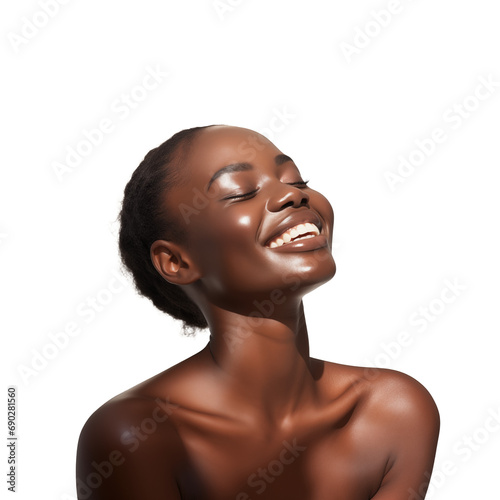 Brightening effect on radiant skin. Beautiful dark-skinned woman, cut out - stock png.