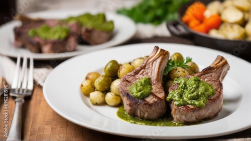 Ribs, lamb chops, steak, blurred background cooked with pesto sauce and herbs on a round white plate. It's a special meal. Cooked with side dishes. Deliciousness and perfect taste