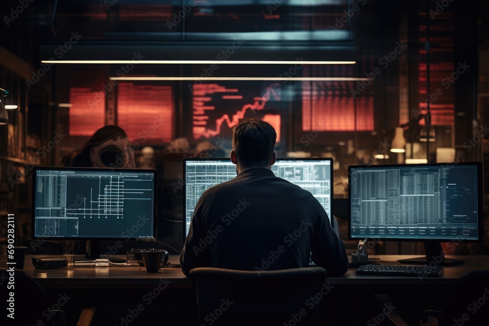 A man sitting at a desk in front of three computer monitors