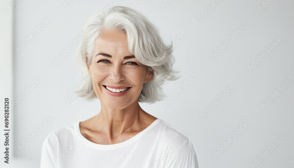 Very beautiful adult 50s mid aged mature happy woman looking at camera. Mature old lady close up portrait photo.