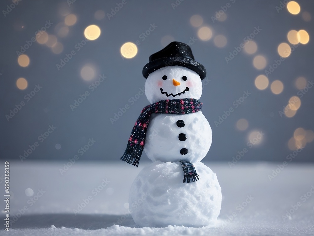Snowman in the snow, adorned with a festive hat and scarf, surrounded by snowflakes Snowman in the snow, adorned with a festive hat and scarf, surrounded by snowflakes