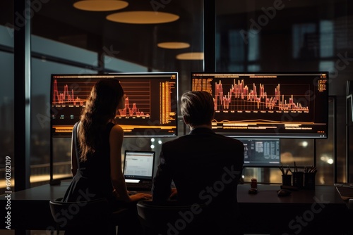 A man and a woman sitting in front of computer monitors