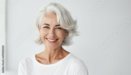 Very beautiful adult 50s mid aged mature happy woman looking at camera. Mature old lady close up portrait photo.