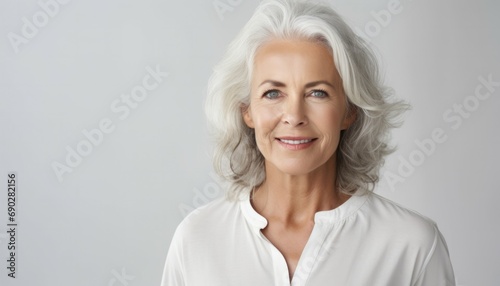 Very beautiful adult 50s mid aged mature happy woman looking at camera. Mature old lady close up portrait photo. © Bold24