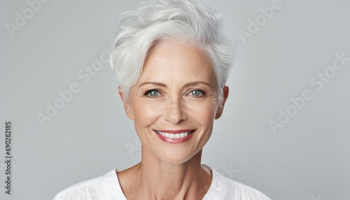 Very beautiful adult 50s mid aged mature happy woman looking at camera. Mature old lady close up portrait photo.