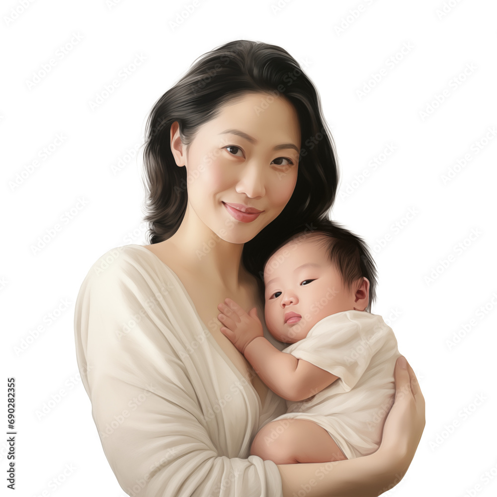 Asian woman hugs newborn baby with tender care, cut out - stock png. Asian woman hugs newborn baby with tender care, cut out - stock png.