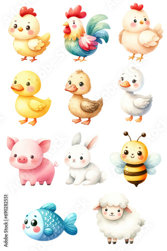 Watercolor Cute Farm Animals Set. Set of Adorable Livestock Animals Clipart. Watercolor Domestic Animal Illustrations.