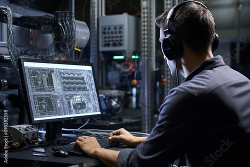 Engineer analyzing vibrations in a vehicle prototype, Automotive testing facility, specialized equipment, Automotive and engineering
