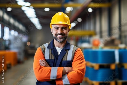 A modern large factory with containers in the background, one worker with a hard hat on their head with his arms folded confidently looking at us and smiling © Bold24